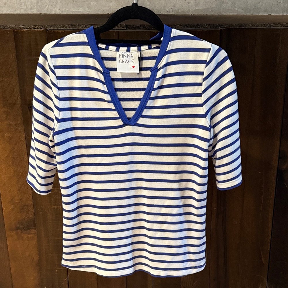 Finn & Grace Striped V-Neck Top - Nautical Blue & White